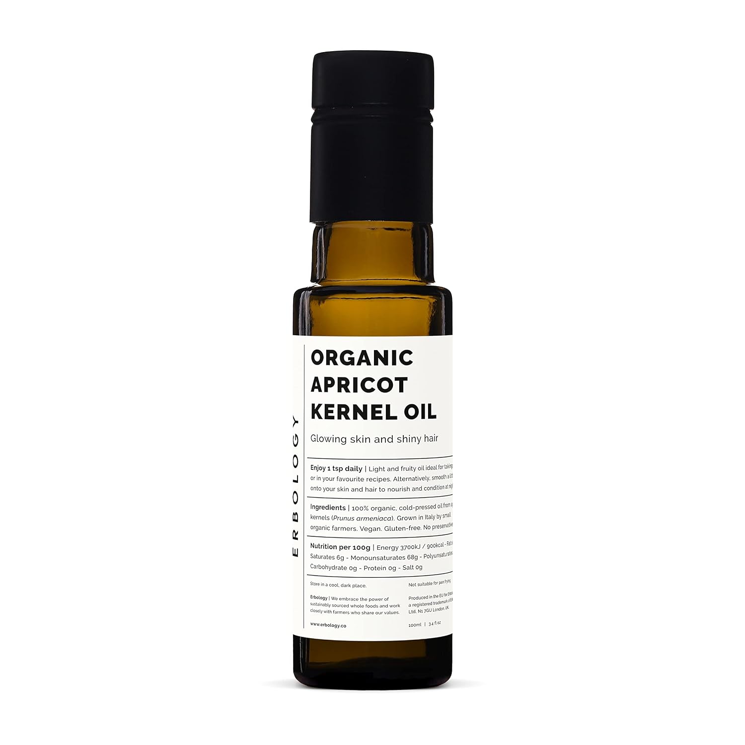 100% Organic Apricot Kernel Oil 100ml - Cold-Pressed - Premium Quality - Skin Health and Gut Health - Straight from Farm in Italy - Non-GMO - No Additives or Preservatives - Recyclable Glass Bottle