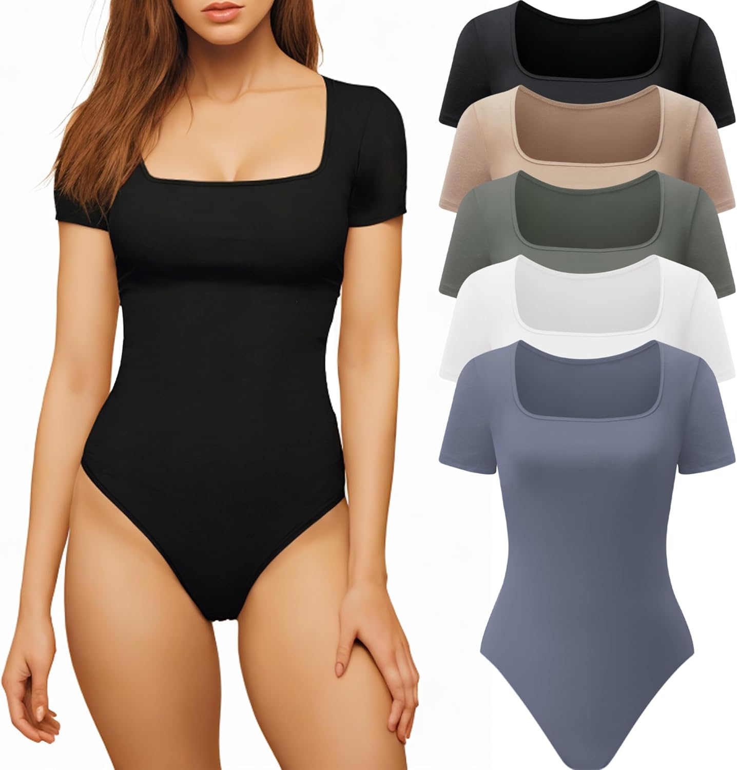 CE' CERDR Women’s 5 Pack Short Sleeve Bodysuits Square Neck T-shirt Basic Casual Tops Body suit