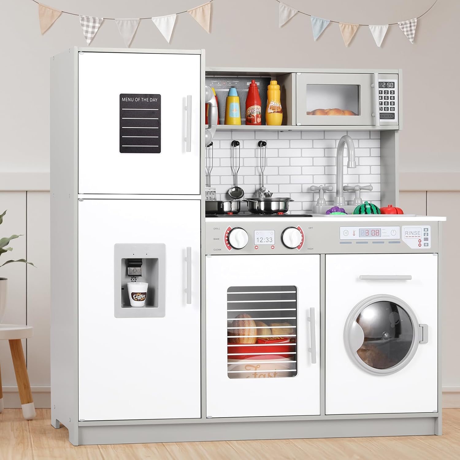 MAMIZO Play Kitchen for Kids, Wooden Chef Pretend Toy Kitchen w/Washing Machine, Water Dispenser, Stove, Real Sound & Light, Telephone, Range Hood, Oven, Sink for Toddler Preschooler Age 3+ (Gray)