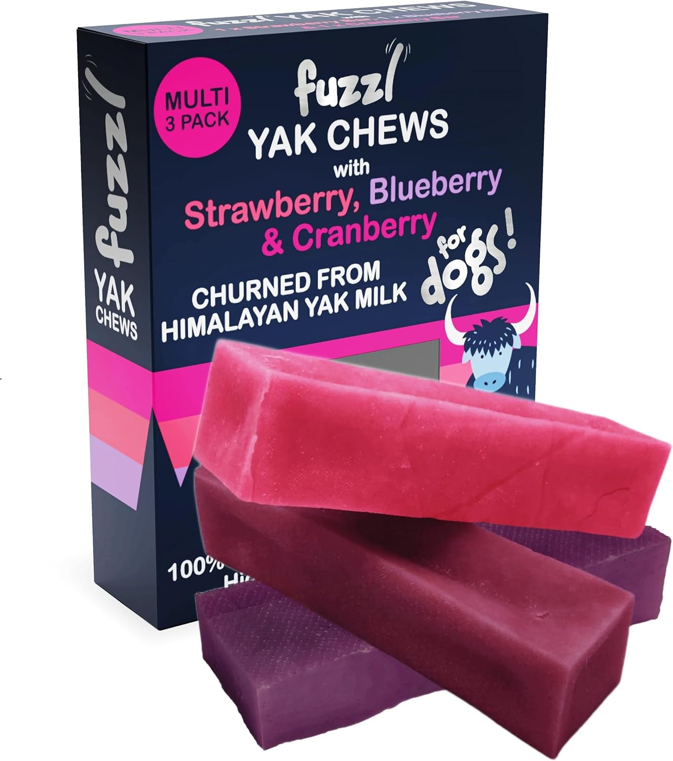 Fuzzl Yak Chews Multipack Strawberry, Blueberry & Cranberry Premium Natural Dog Treats with Himalayan Yak Milk 195g Yak Chew No Hide Dog Food Natural Dog Chews Long Lasting Dog Dental Sticks