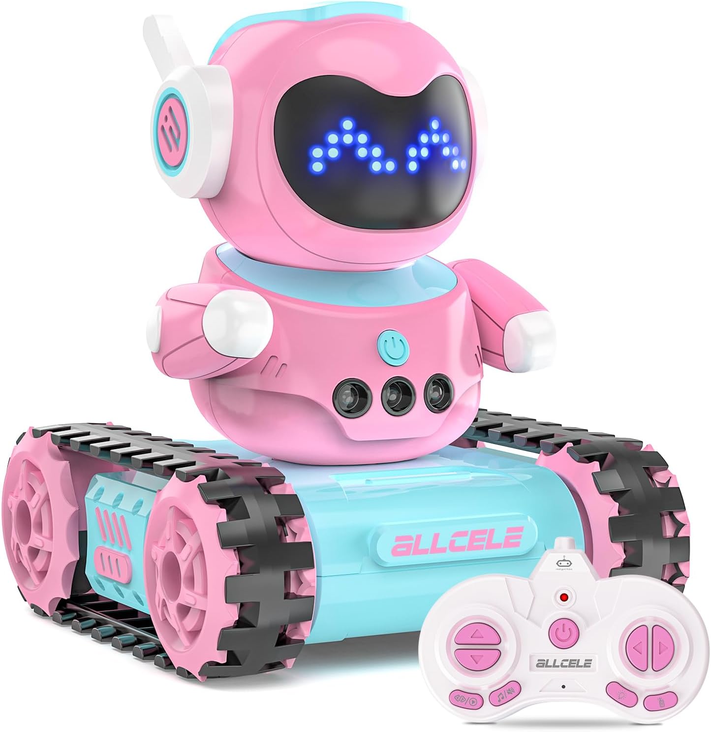 ALLCELE RC Robot Toys for Kids, Rechargeable Tank Robotic with LED Eyes and Music, Programming, Talkback and Dance Mode, Birthday Gift for Girls Over 3 Years Old (pink/white)