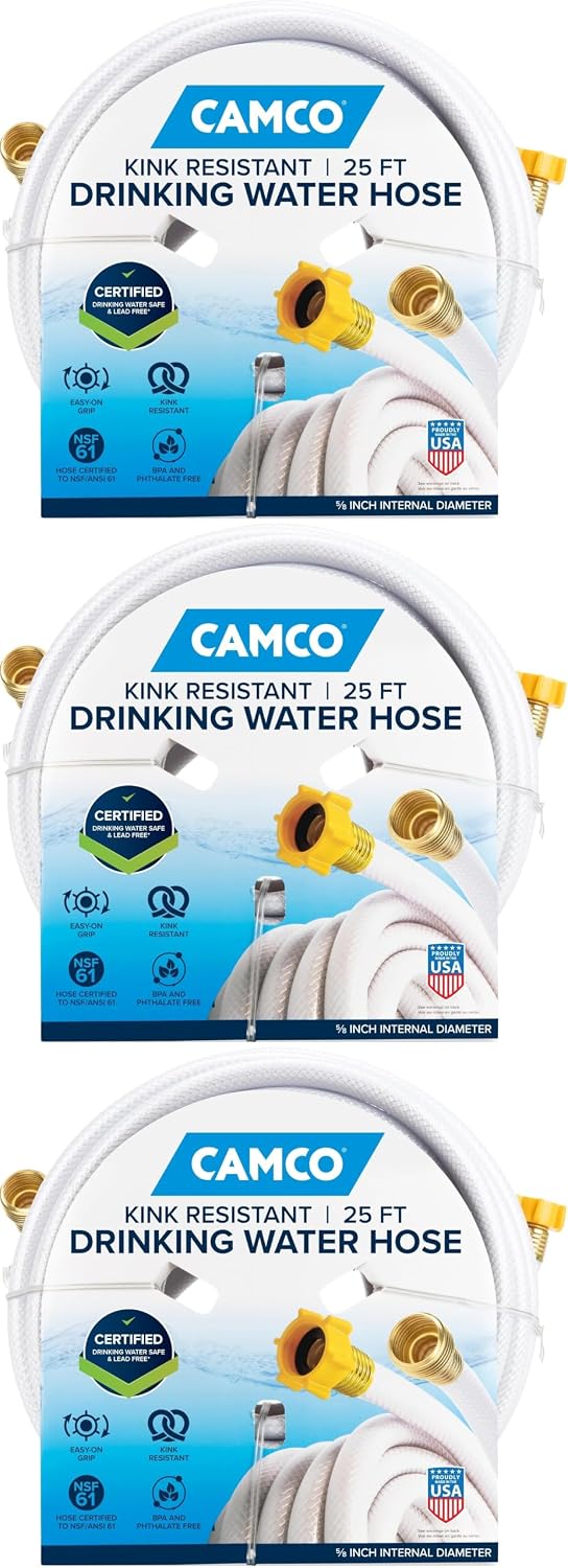 Camco TastePURE 25-Ft Water Hose-RV Drinking Water Hose Contains No Lead,No BPA&-No Phthalate-Features Diamond-Hatch Reinforced PVC Design-5/8” Inside Diameter,Made in the USA (22783),(Pack of 3)