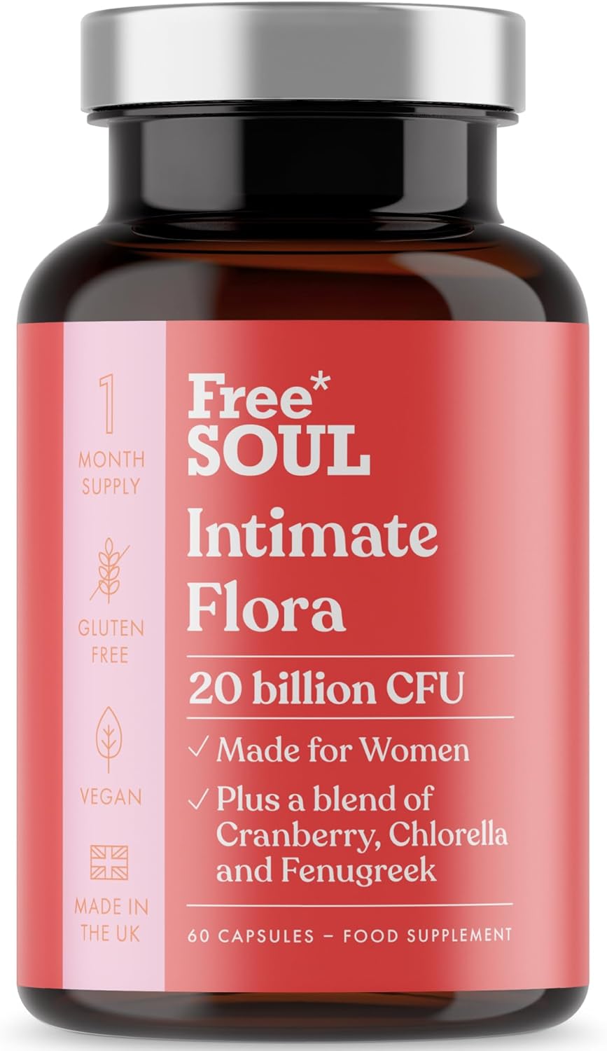 Intimate Flora for Women | 20 Billion CFU Fortified with 15,000mg Cranberry, Fenugreek & Chlorella | Bio Cultures for Women's Intimate Flora | 60 Capsules | Free Soul