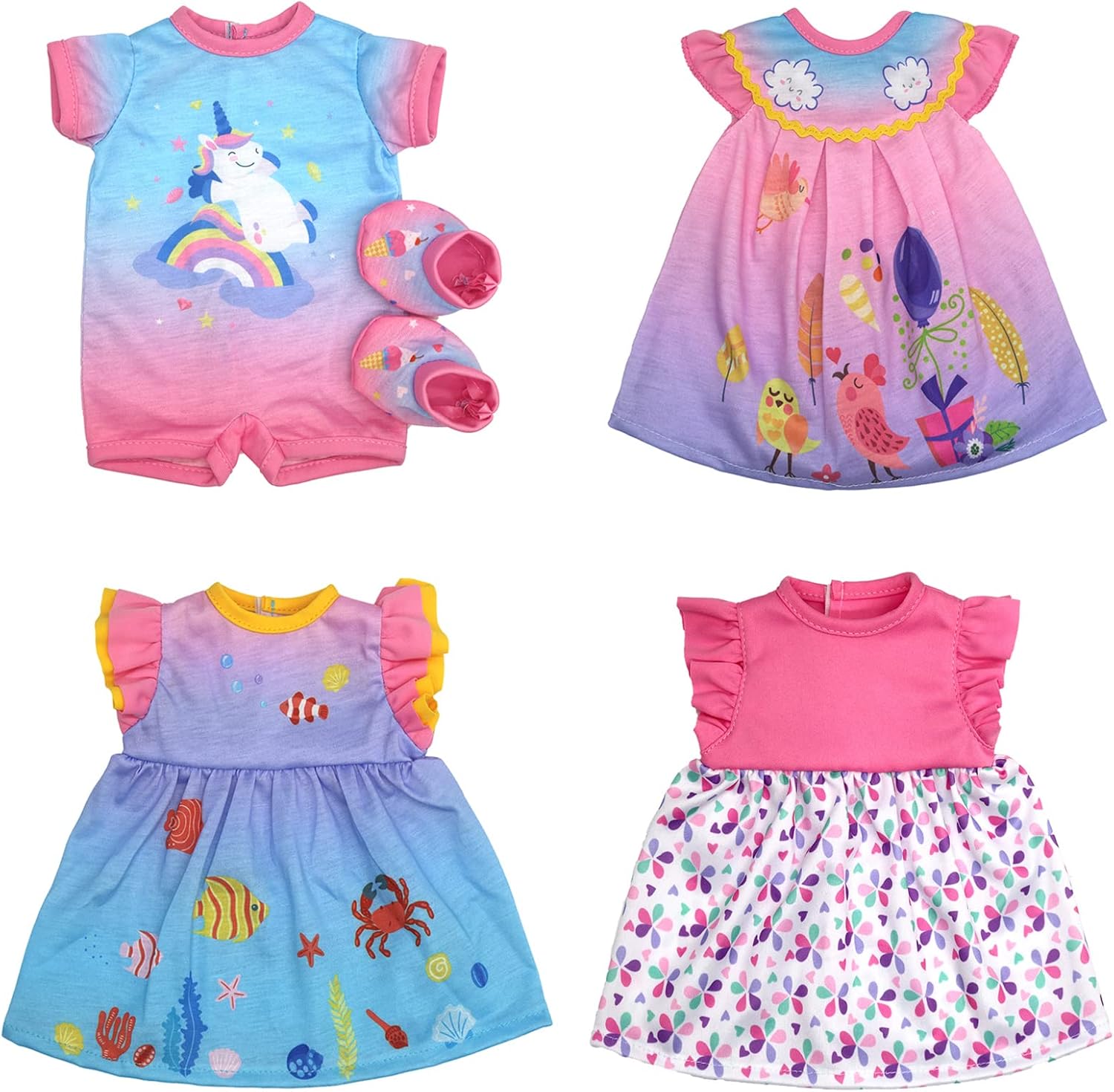 Doll Clothes Dress for 12-16 Inch 30-40cm Baby Dolls, 4-pack Soft Outfits with Socks (Not Include Doll)