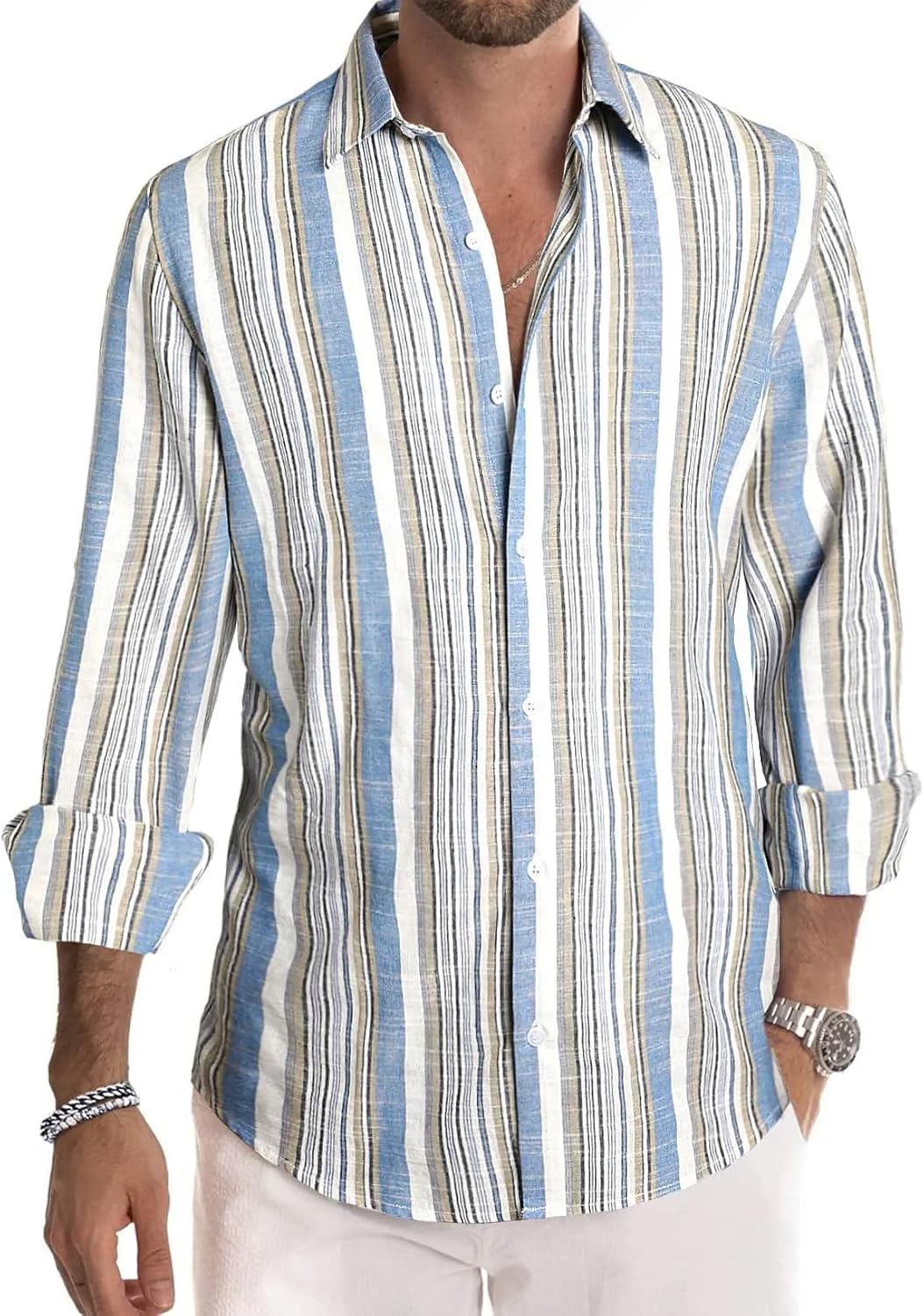Meilicloth Men's Shirts Long Sleeve Striped Casual Shirt Button Down Regular Fit Tops, Long Lasting Comfort Top for Men