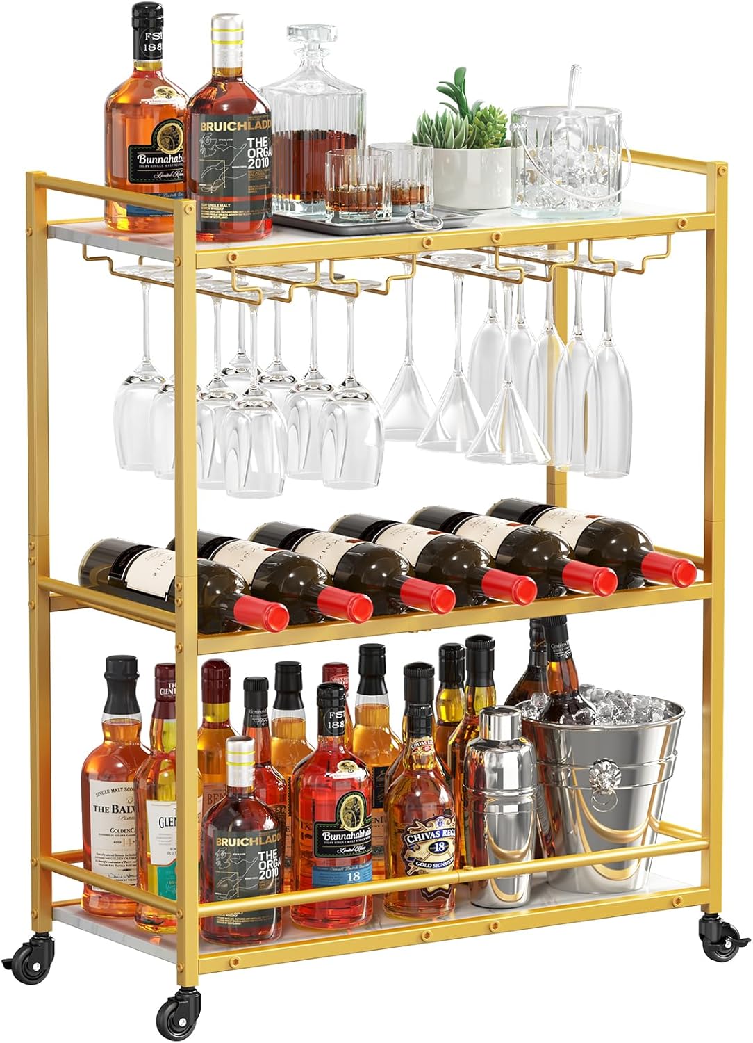 Lifewit Drink Trolley, 3 Tier Bar Cart with Lockable Wheels, Wine Rack and Glass Holders, Serving Cocktail Alcohol Trolley for Kitchen Dining Living Room, 63.2 x 30 x 81.5 cm, Gold