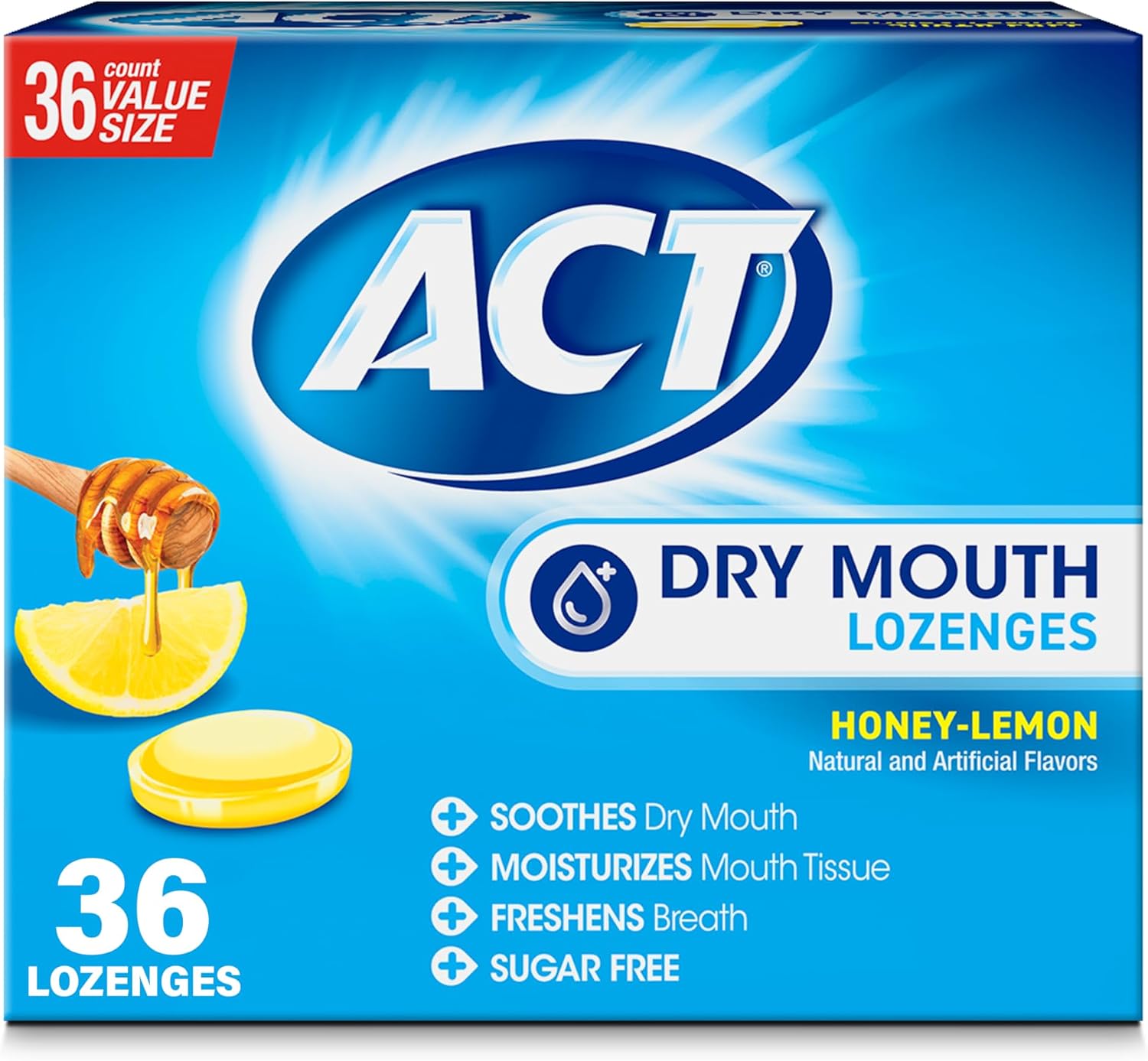 ACT Dry Mouth Moisturizing Lozenges, Honey-Lemon Flavor, 36-Ct.
