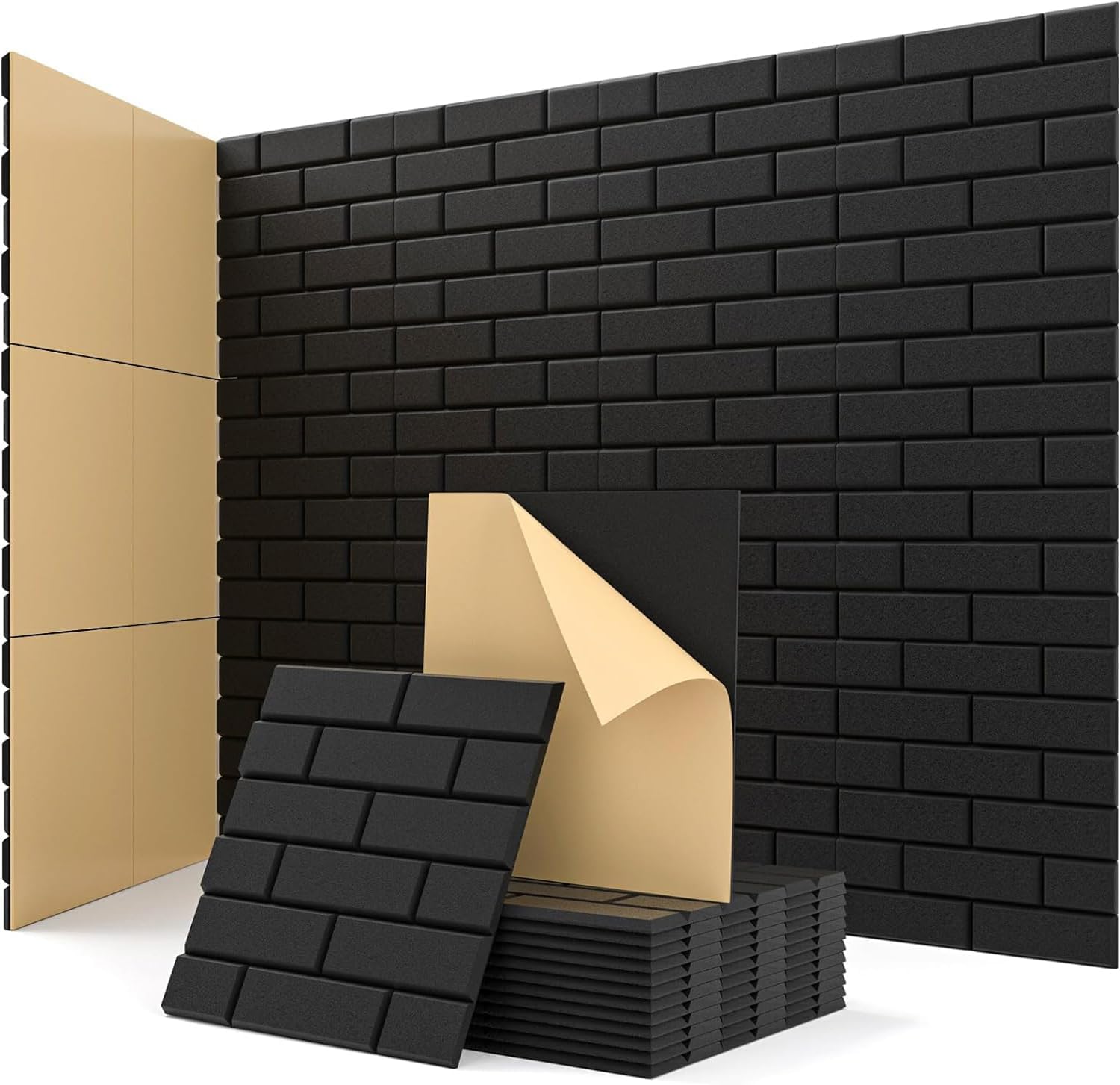 Acoustic Panels Self-adhesive, 12 Pcs Brick Sound Absorbing Panels, Recording Studio, Bedroom, Gaming Room, Living Room, Decorative Acoustic Tiles for Walls, Doors 11.8" X 11.8" X 0.4" Black