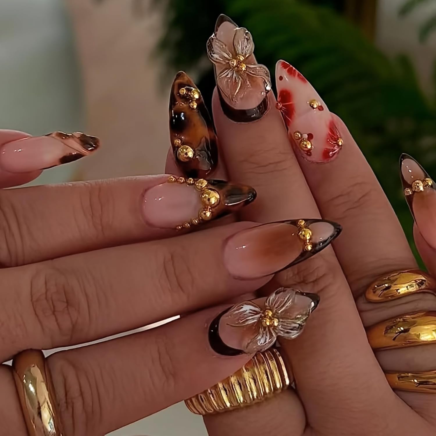 Medium Almond 3D Brown Gold Flower Press on Nails-Sweet & Edgy Leopard French Tip Blossom Gradient Design,24Pcs Semi-Handmade Fall/Autumn/New Year Glue on Acrylic Fake Nail Press ons for Women