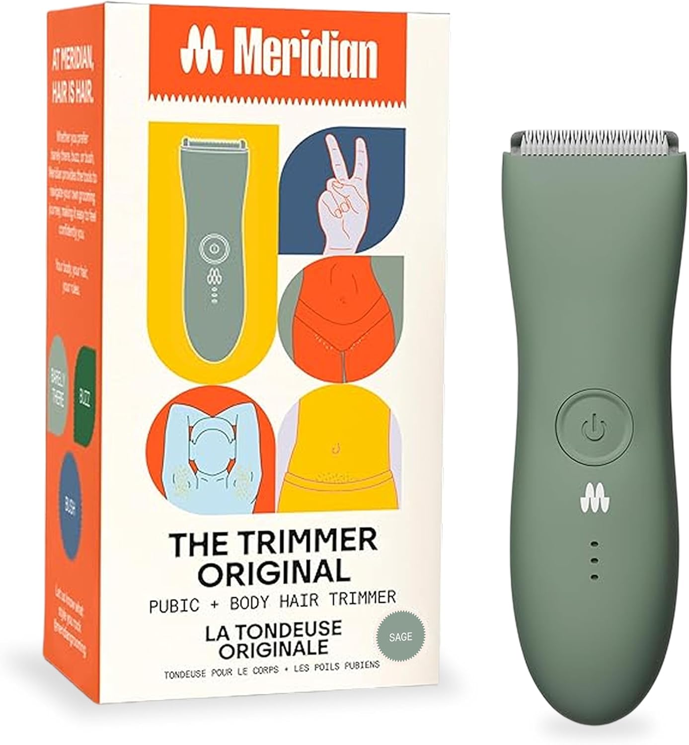 Meridian The Trimmer Original | Body Hair Trimmer for Men & Women | Sage | Rechargeable and Waterproof Shaver for Pubic Area, Chest, Back, Underarms and Bikini Line, with 2 Guide Combs Included