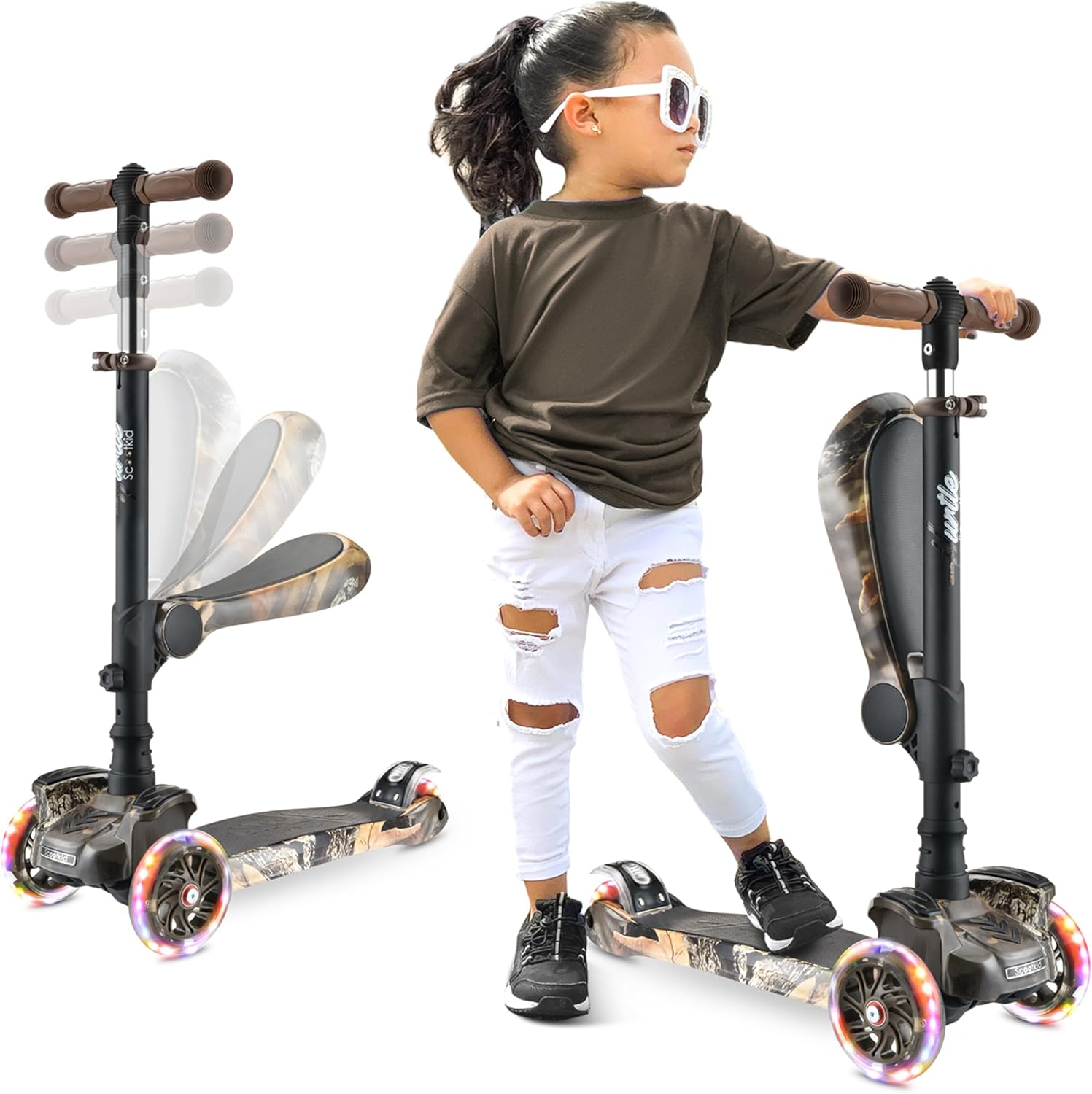 Hurtle 3-Wheel Tri Scooter for Kids - Ages 2-12, Flip-able Seat, Foldable, Flashing Lights, Adjustable Height