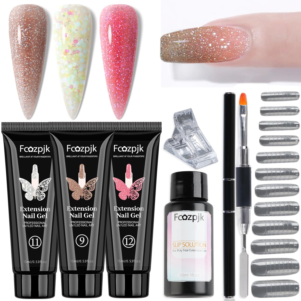 Fcozpjk Poly Gel Nail Kit - Wine Red, Brown & Iridescent Builder Gel | Poly Nail Gel With Chunky Glitter - Slip Solution, Dual Nail Forms & Clips - Home Manicure Set Starter