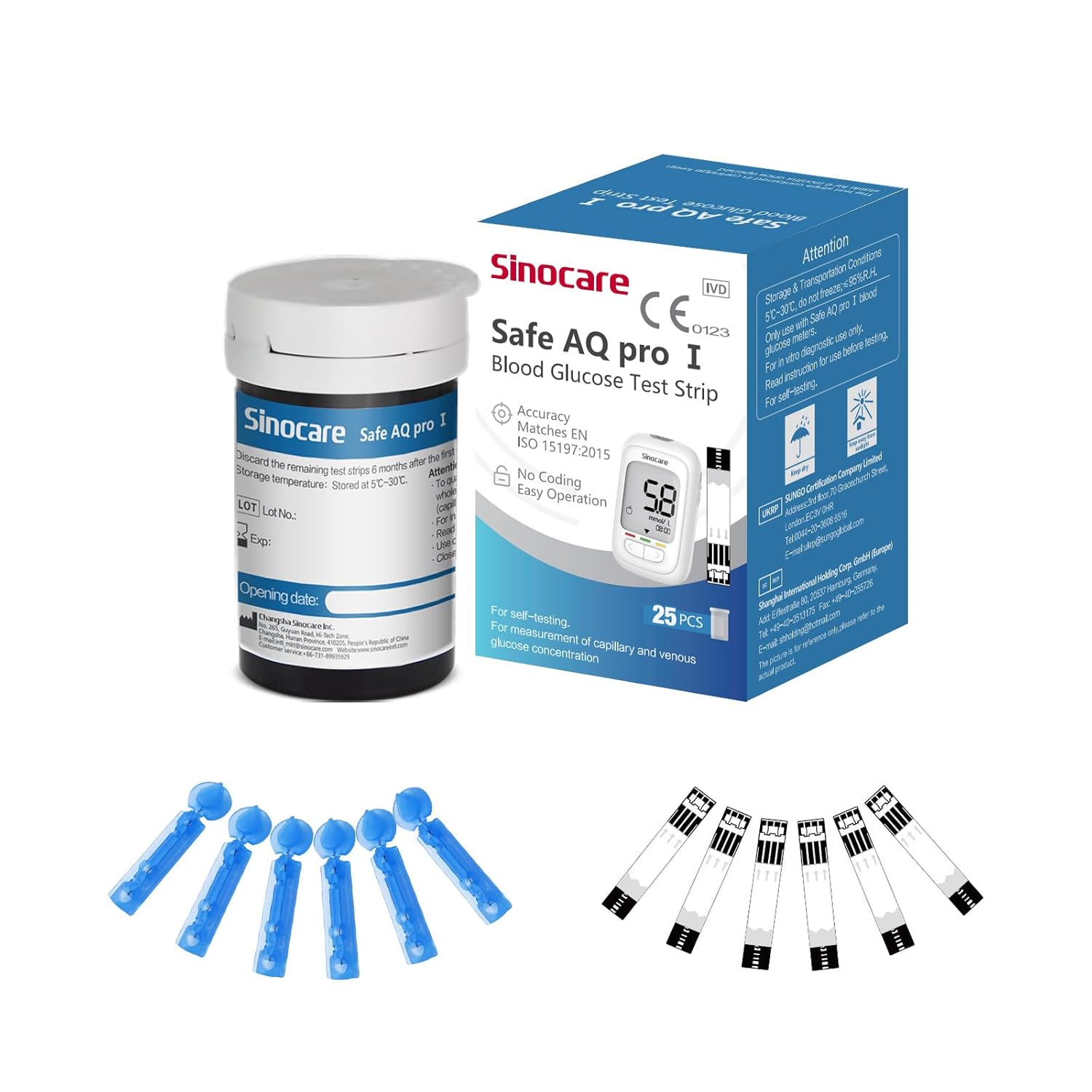 Sinocare Safe AQ Pro I Blood Glucose Test Strips 25pcs & Lancing Devices 25pcs, Composite Silver Electrode Test Strips, Only for Sinocare Safe AQ Pro I Blood Sugar Monitor