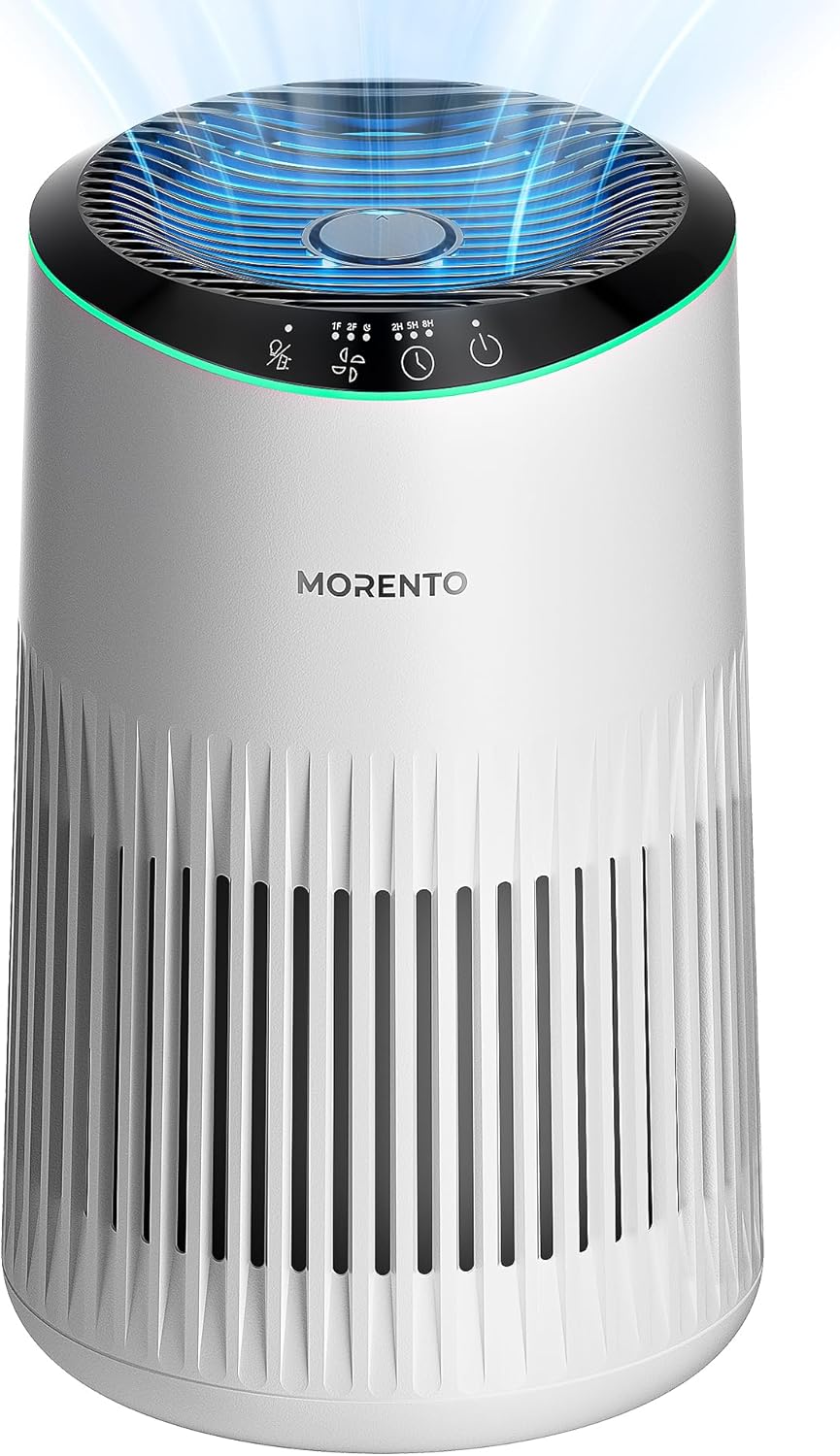 MORENTO Air Purifiers for Home, Air Purifier for Smoke Pet Dander Odors with Fragrance Sponge, Small Air Purifier with Sleep Mode for Bedroom Office, Blue Ambient Light, MR2566, White,1 Pack+3 Modes