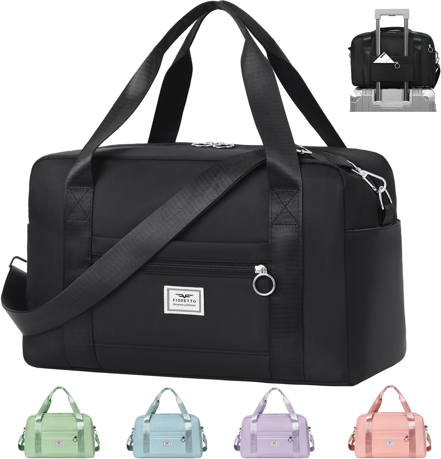 FIORETTO for Ryanair Airlines Cabin Bags 40x20x25 Underseat Travel Hand Luggage Carry on Bag Weekend Overnight Duffle Holdall Bag for Women and Men Black