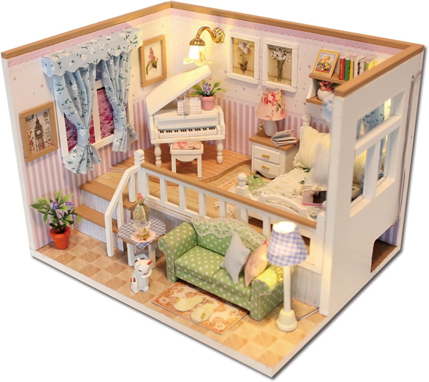 YIHANGG DIY Wooden Doll House Assemble Toy Wooden Miniatura Handmade Model Building Kit Furniture with LED Children Gift, with Dust Proof Cover