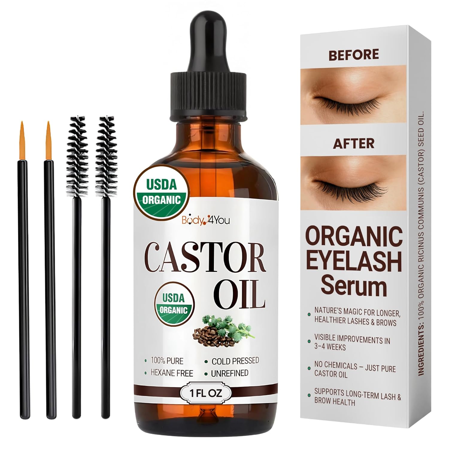 BodyJ4You Organic Castor Oil for Hair Growth: Natural Eyelashes Serum for Lashes and Eyebrows - Glass Bottle 1 Fl Oz