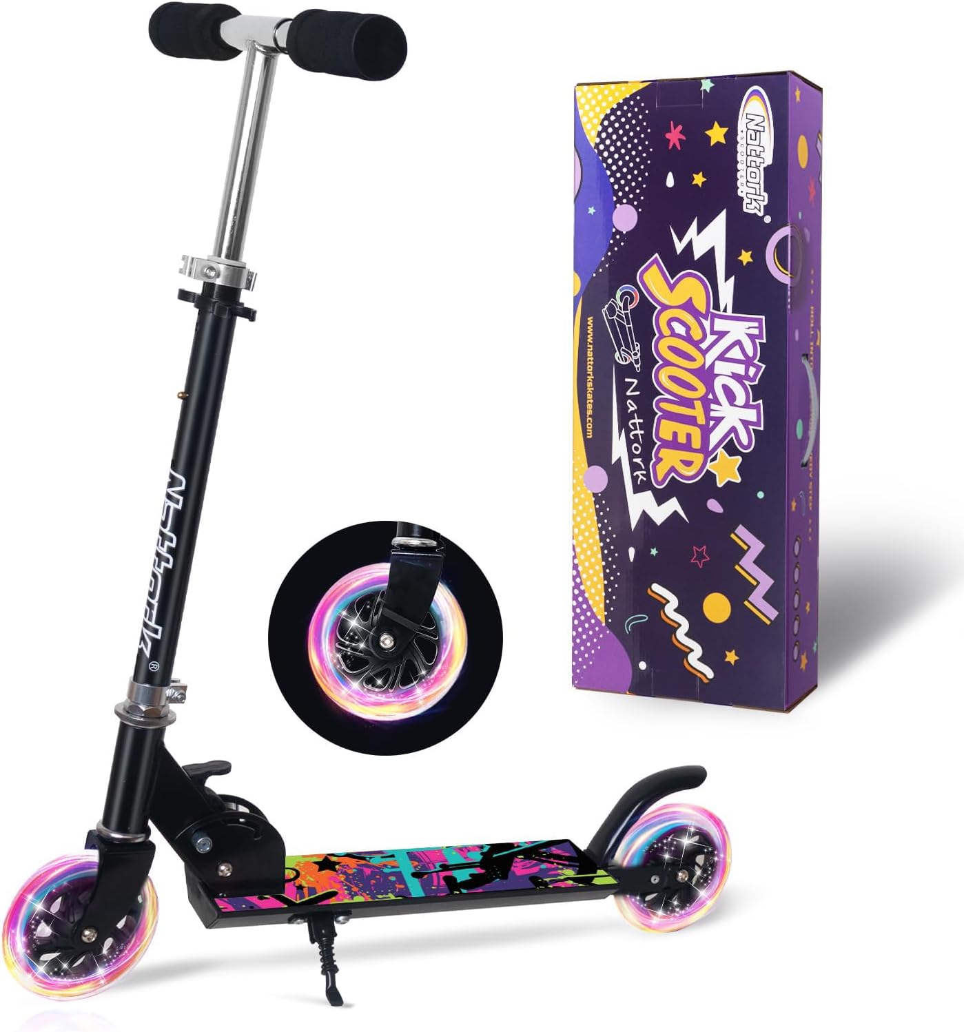 Nattork Scooter for Kids Ages 3-8 – Kick Kids Scooters for Boys & Girls Light up Wheels Portable Lightweight Folding Design with Reducing System and Adjustable Height Handlebars and up to 110 Lbs