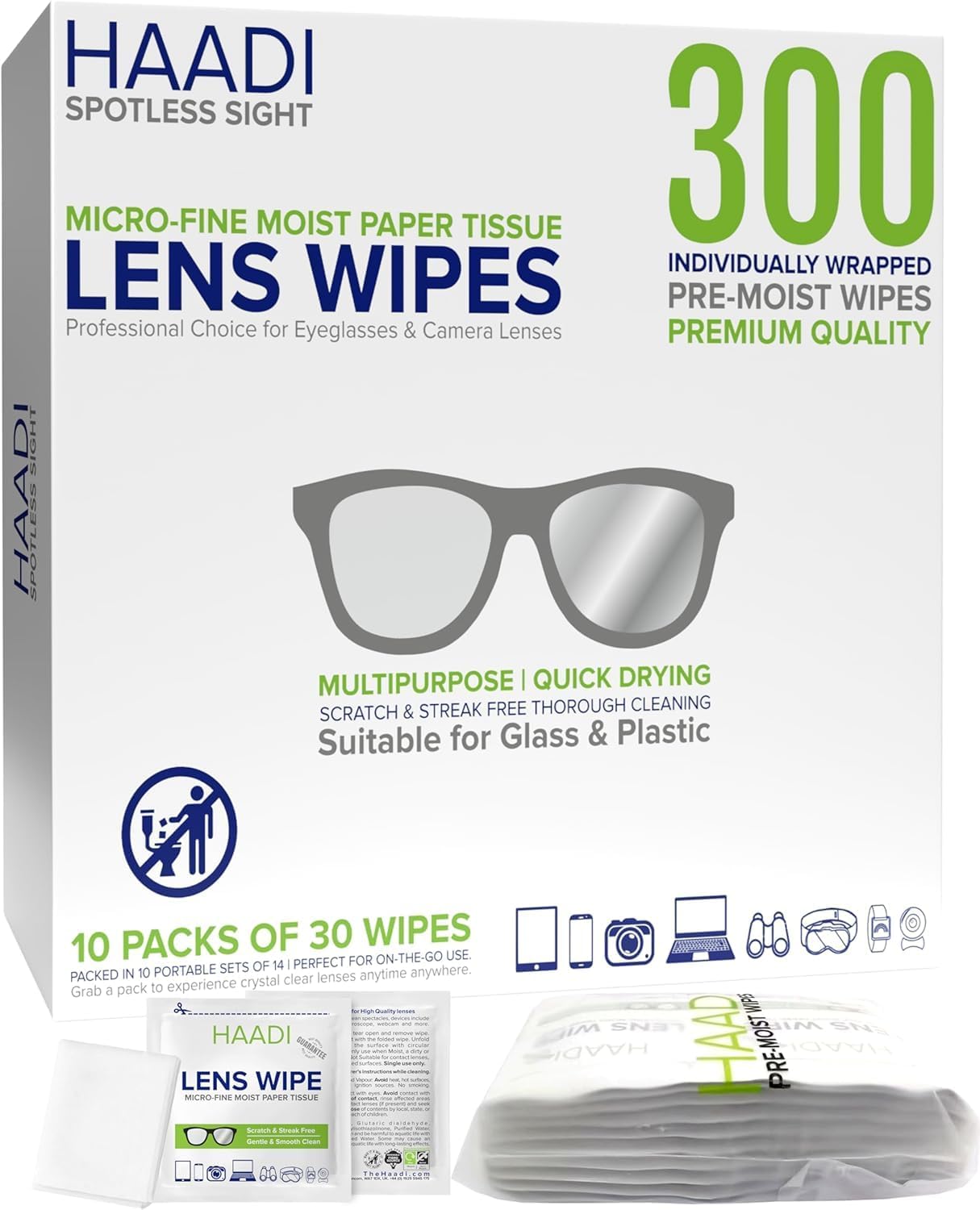 Glasses Cleaner Wipes 300 Individually Wrapped Lens Wipes Multipurpose Suitable for Spectacle Lenses, Cameras, Binoculars, Mirrors, Screens, Optical and Electronic Devices