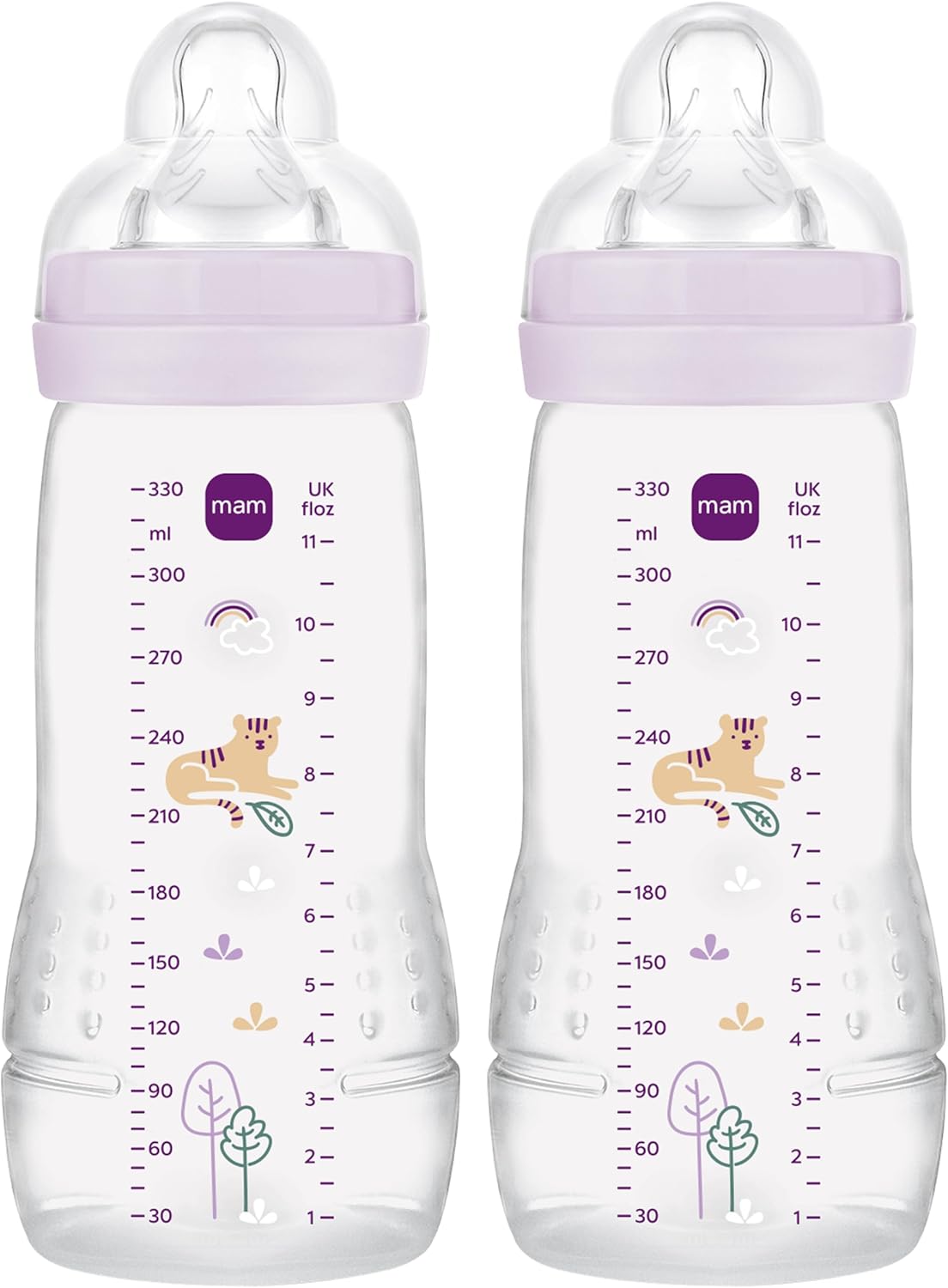 MAM Easy Active Bottles | 2 Pack (2 x 330ml) | Fast Flow MAM Teats Size 3 | Baby Accessories | Lilac (Various Designs)
