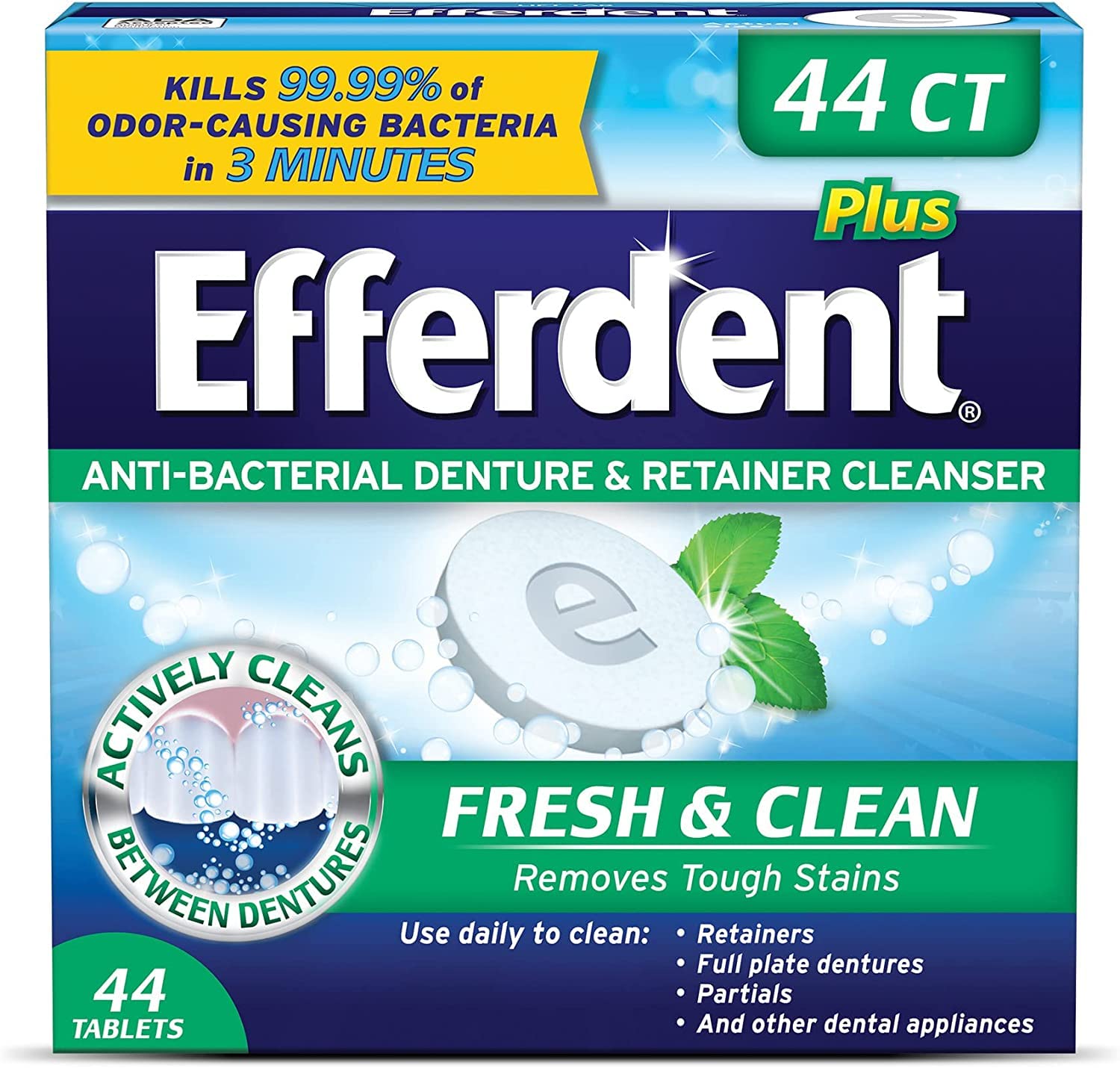 Efferdent Retainer Cleaning Tablets, Denture Cleaning Tablets for Dental Appliances, Minty Fresh & Clean, 44 Count, (Pack of 3)