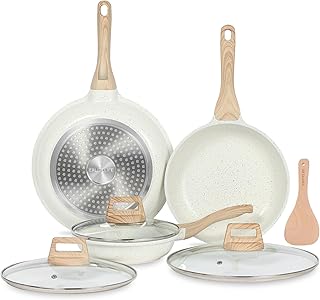 ESLITE LIFE Nonstick Ceramic Frying Pans Skillets Set with Lids, Non-Toxic Egg Omelette Kitchen Cooking Pans Compatible with All Stovetops (Gas, Electric & Induction), PTFE & PFOA Free (White)