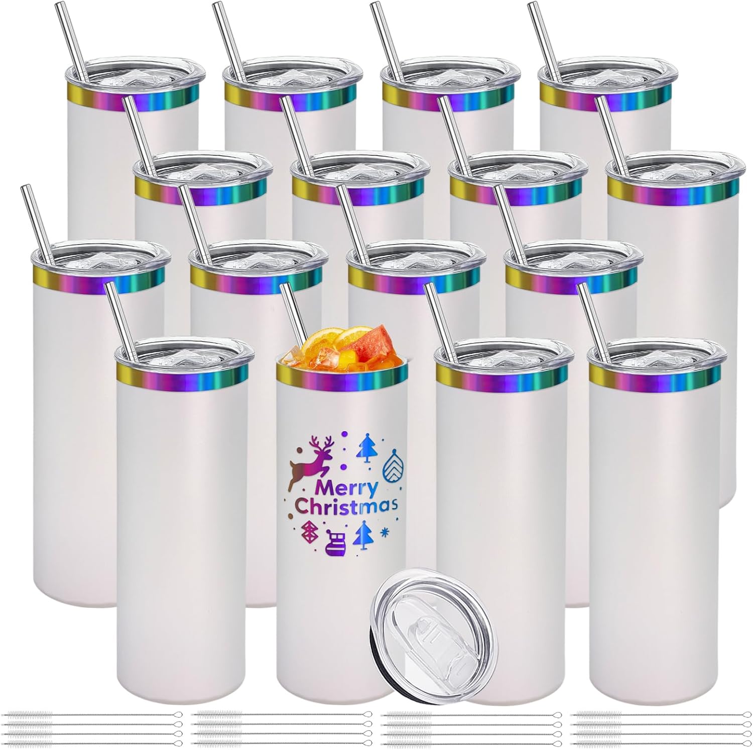 16 Pack Rainbow Plated Stainless Steel Tumbler Straight Double Wall Powder Coated for Laser Engrave, 20oz White To Iridescent