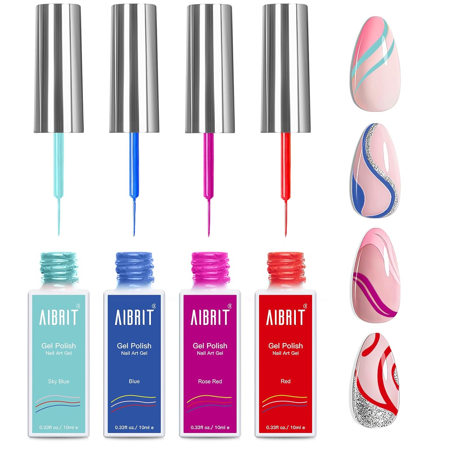 AIBRIT Gel Liner Art Polish Set 10ml, 4 Colors Red Blue Rose Red Sky Blue, Design Paint with Thin Brush in Bottle for Swirl/Euphoria French Tips Manicure Painting DIY at Home