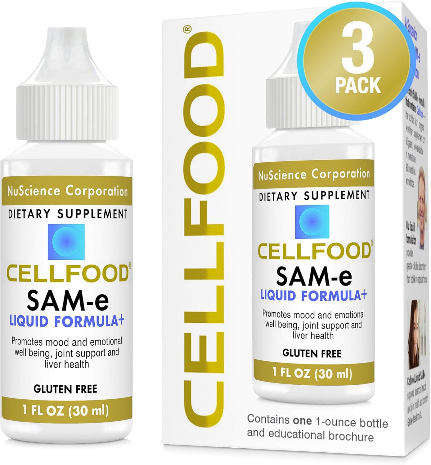 Cellfood SAM-e Liquid Formula+ - 1 fl oz, Pack of 3 - Mood & Emotional Well-Being, Joint Support, Liver Health - Easier Absorption & Better Bioavailability - Gluten Free, Non-GMO - 90-Day Supply