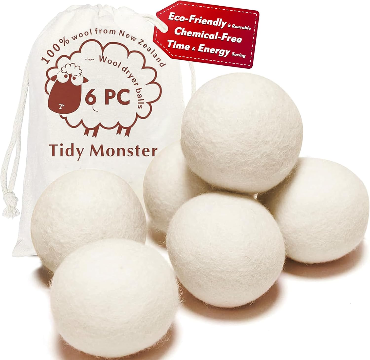 100% New Zealand Wool Dryer Balls XL Size – 6 Pack, Organic & Chemical-Free Fabric Softener, Baby Safe & Hypoallergenic, Reduces Static, Wrinkles & Drying Time, Reusable for 1000+ Loads