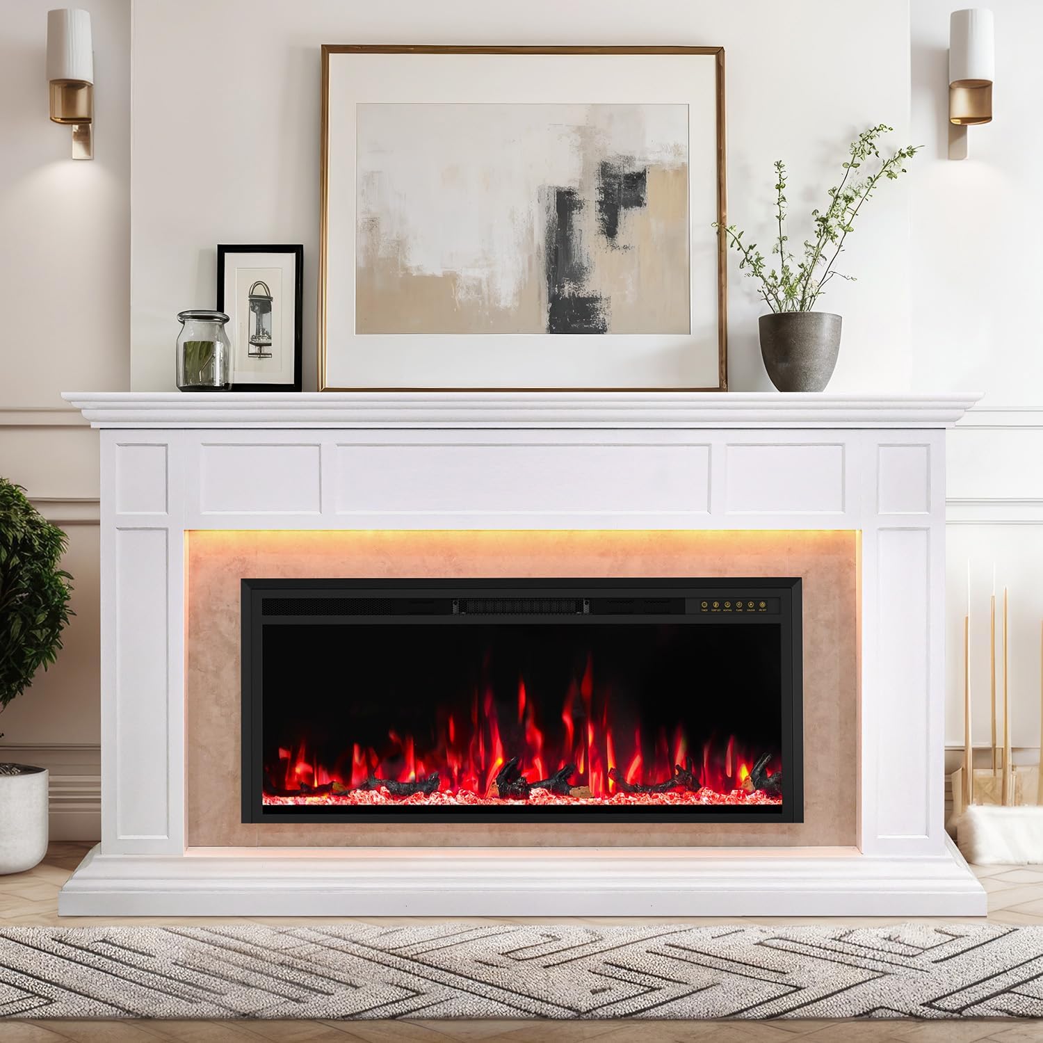 Electric Fireplace Mantel with Grey Marble Finish, 69” Fireplace TV Stand with 42”Electric Fireplace Heater, Remote Control, Adjustable Led Flame, Corner Fireplace for Living Room, Bedroom, White