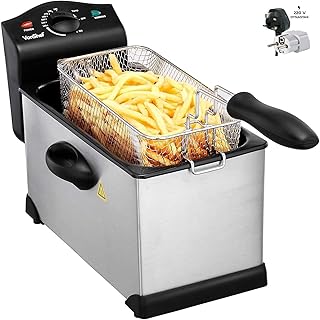New VonShef 220 240 Volts Electric Countertop Non-Stick Deep Fryer w/ Viewing Window | 3-Liter Stainless Steel And Easy To Clean | Bundled With Dynastar Plug Adapter