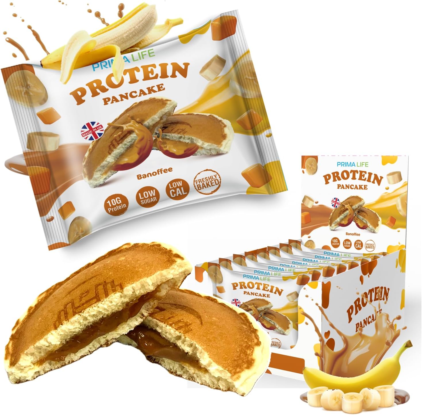 Primalife High Protein Pancake |10g protein Healthy Protein Snacks for Breakfast, Low Sugar, Post workout, Low Carb Calorie,Dietary fibre, Ready to Eat, On the Go Banana! (12 x 55g) (Banoffee (NEW))