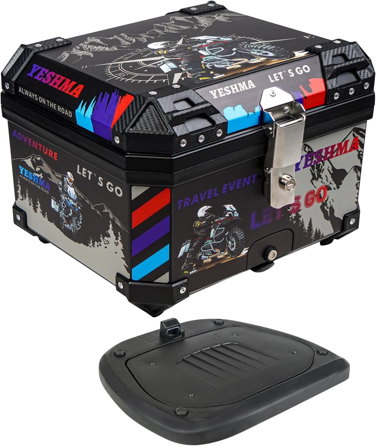 YESHMA Motorcycle Top Case,55L Universal Motorbike Tail Box,Sports Graffiti Style Motorcycle Top Box with Backrest, Security Lock and Handle for Helmet Luggage,Black