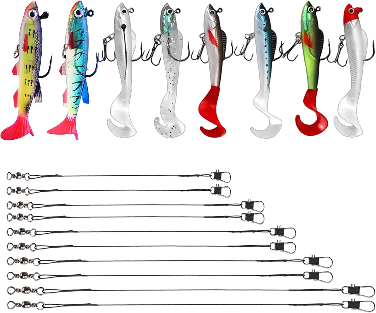 8Pcs Pike Lures, Fishing Lures, Bass Lures Sea Fishing UK Multi-Species Silicone Swimbait Artificial Bait with Weedless Hooks for Freshwater & Saltwater Angling with 10 Front Conductors