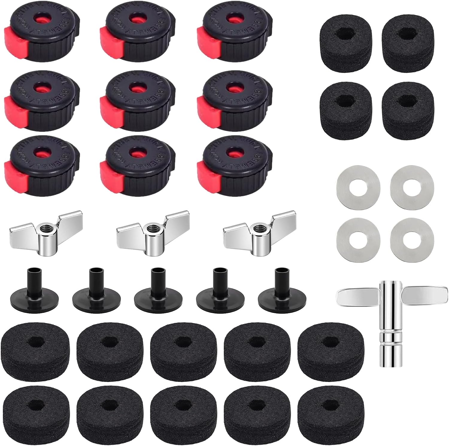 36 PCS Cymbal Replacement Accessories, Clutch Felts, Drum Cymbal Felt Pads | Include Wing Nuts & Washers & Plastic Cymbals Sleeves & Drum Key and Plastic Cymbals Nuts, Replacement for Drum Set (Red)