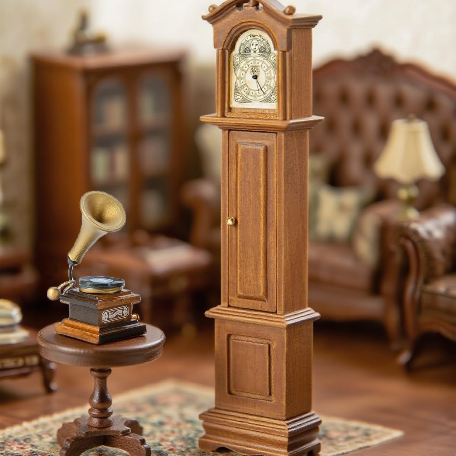 1:12 Dollhouse Furniture Accessories Set, 3Pcs Victorian Miniature Grandfather Clock, Vintage Phonograph, Round Side Table Mini House Decoration for Living Room, Bedroom, Kitchen,Home Office