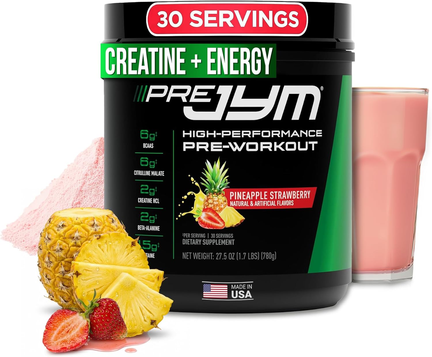JYM Supplement Science Pre JYM Pineapple Strawberry Pre Workout Powder for Men & Women, BCAAs, Nootropics, Creatine HCI, Citrulline, Beta-Alanine, Betaine, Taurine, Huperzine, 30 Servings