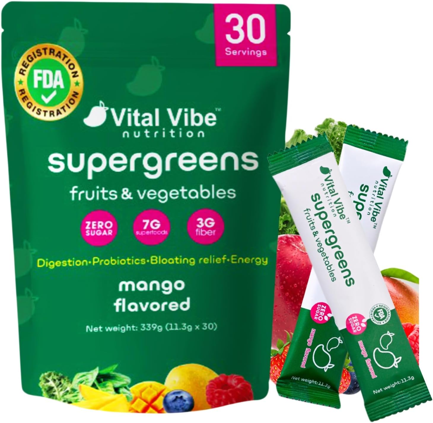 Super Greens Powder 339g - Green Powder Superfood with 648mg Pre and Probiotic Blend 13 Active Superfood Ingredients - Vitamin & Mineral, 100% Vegan, No Additives - Boost Energy, Digestion & Immunity