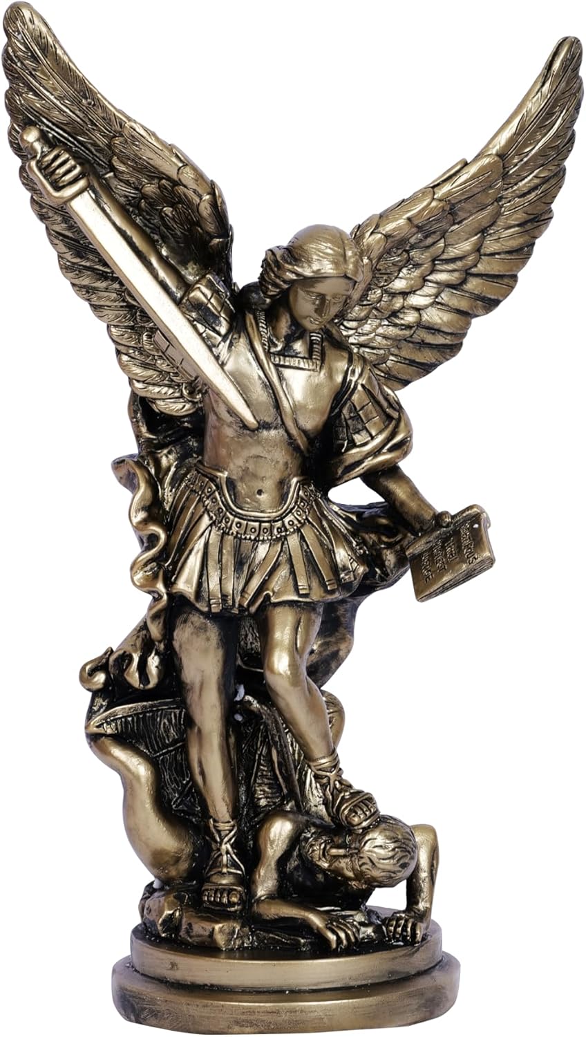 San Miguel Arcangel Statue 12inch St Michael Statue Saint Archangel Michael Statue Defeated Lucifer Tramples Demon Resin Battle Angel Sculpture Bronze Collectible Sculpture Religious Figurines Decor