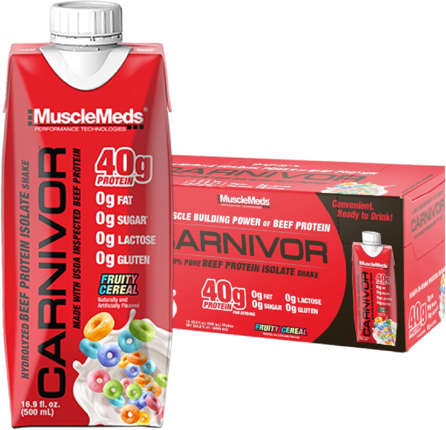 MuscleMeds Carnivor RTD, Ready to Drink Protein, Lactose Free, Sugar Free, 40g Isolate Protein, Muscle Building, Recovery, Halal Certified, Fruity Cereal, 16.9 Fl Oz (Pack of 12)