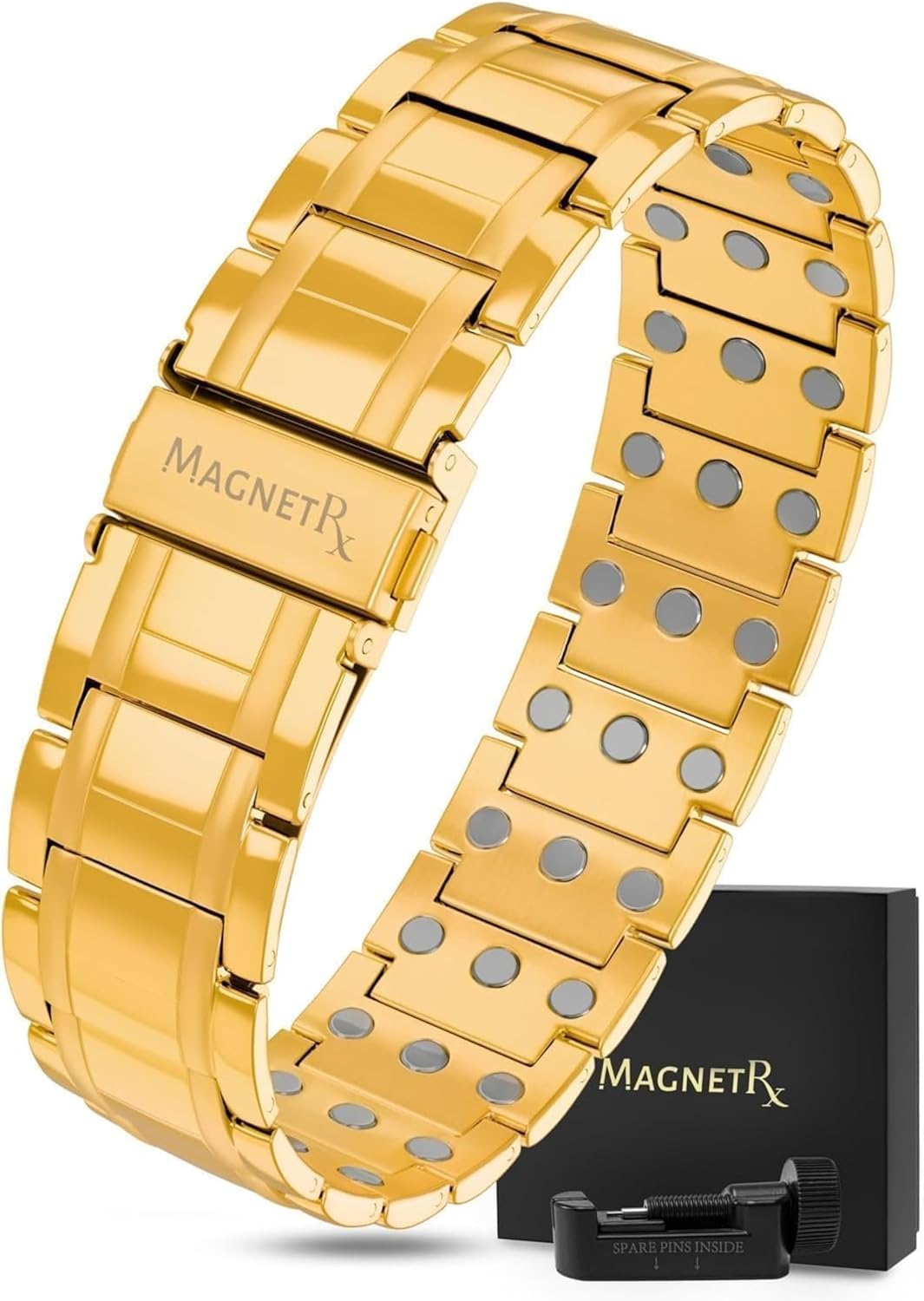 MagnetRX® 3x Strength Magnetic Bracelets for Men – Effective Magnetic Mens Titanium Bracelet – Premium Fold–over Clasp & Adjustable Length with Sizing Tool & Gift Box (Gold)