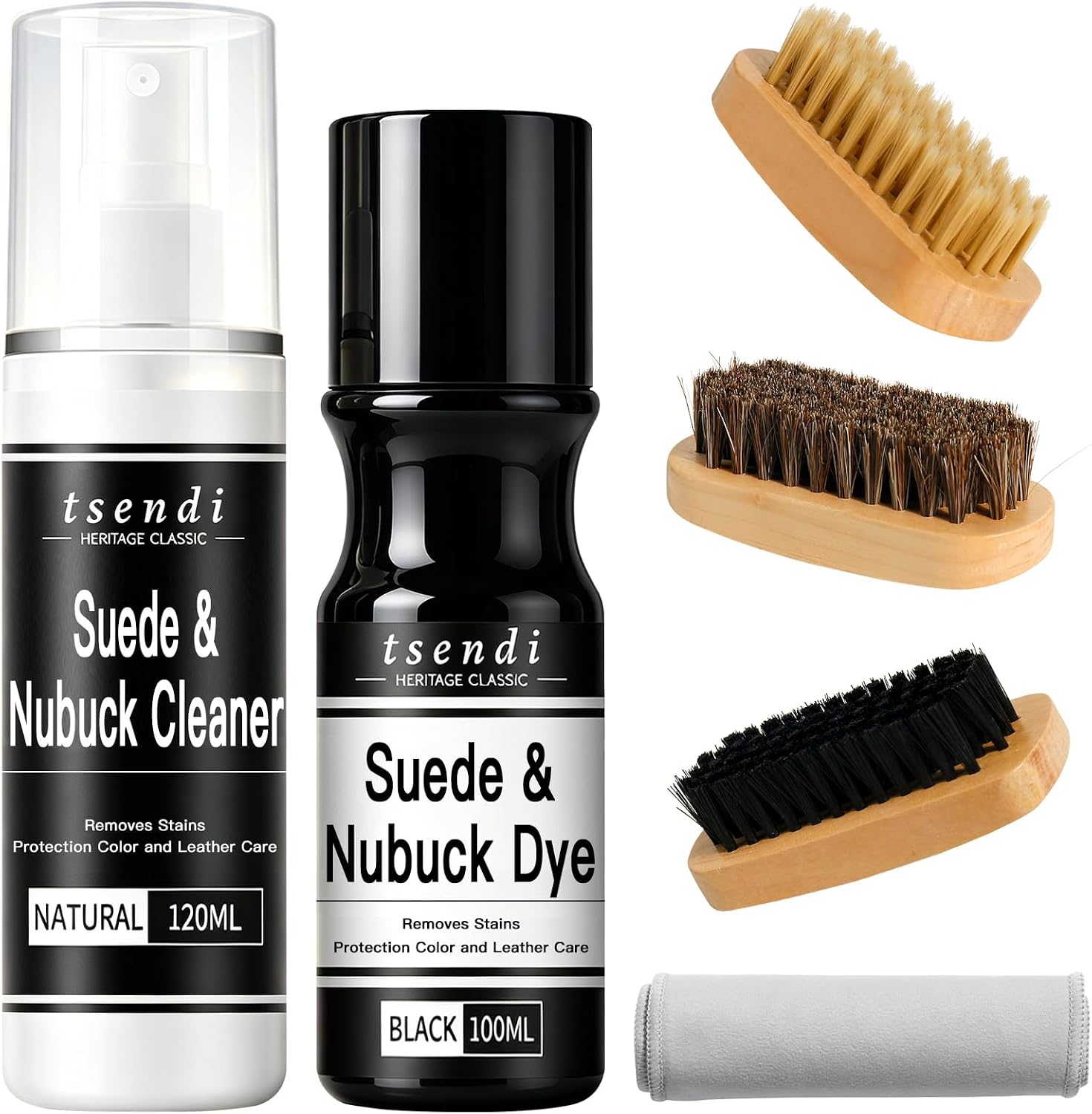 Nubuck & Suede Dye Black – 2-in-1 Cleaner & Color Restorer with 3 Brushes & Applicator – Renew Faded Shoes, Boots, Jackets, Purses, Car Seats, Furniture – Complete Suede Care Kit 3.4oz