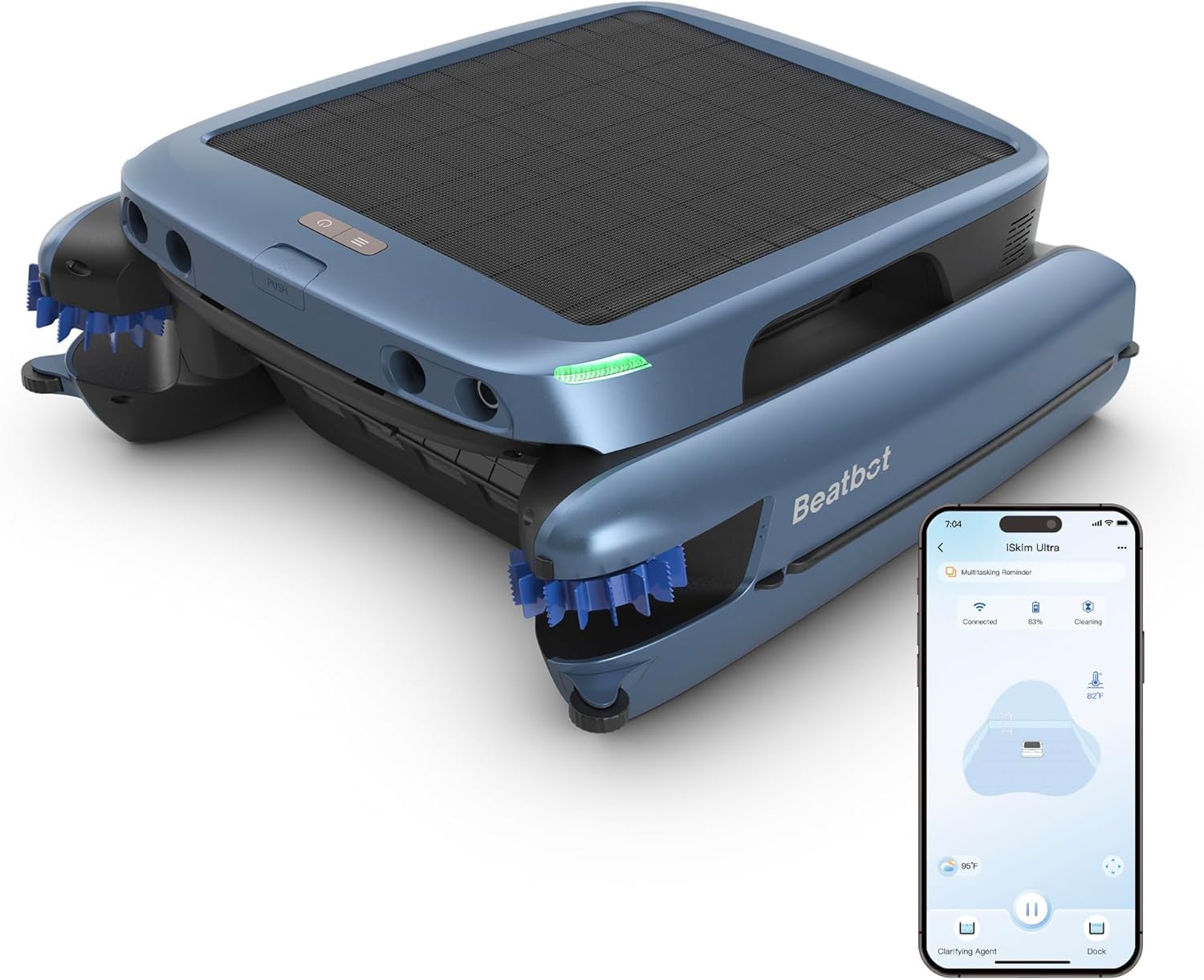 Beatbot iSkim Ultra Solar Powered Robotic Pool Skimmer, Pool Surface Cleaner Robot, Dual Charging Options, Water Clarification, Edge & Corner Cleaning, S-Path Optimization, App Control, Ocean Blue