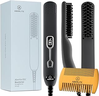 Aberlite EDC - Premium Beard Straightener Brush - Professional Heated Straightening Comb and Grooming Kit for Men (Gray)