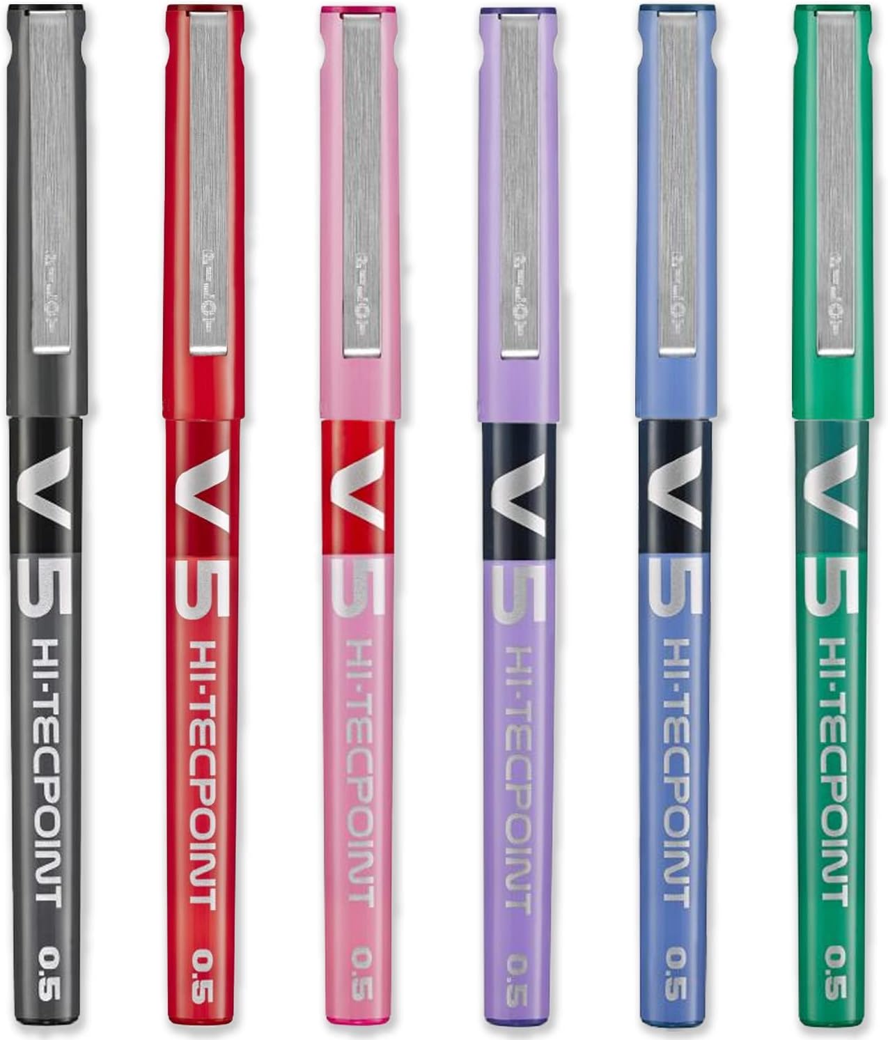 PILOT V5 Hi-Tecpoint Rollerball Pen - Fine 0.5mm Nib Tip - 0.3mm Line Width - Pack of 6 - Black, Blue, Red, Green, Violet & Pink
