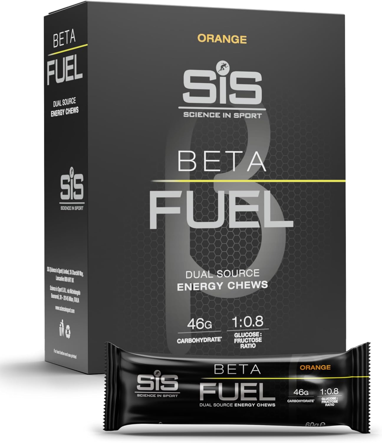 Science in Sport Beta Fuel Dual Source Energy Chews, Energy Bars, Orange Flavour, 46g of Carbs, 60g Bar (6 Pack)