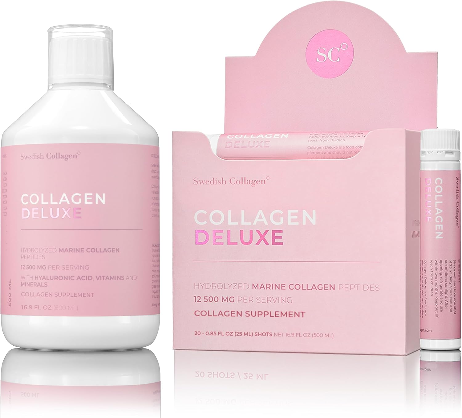 Swedish Collagen Deluxe - 12,500mg Hydrolysed Marine Collagen Liquid (500ml) & Shots (20 x 25ml) Supplements, 40 Day Supply | Pure Peptides, Hyaluronic Acid & Vitamin C for Healthy Hair, Skin & Nails