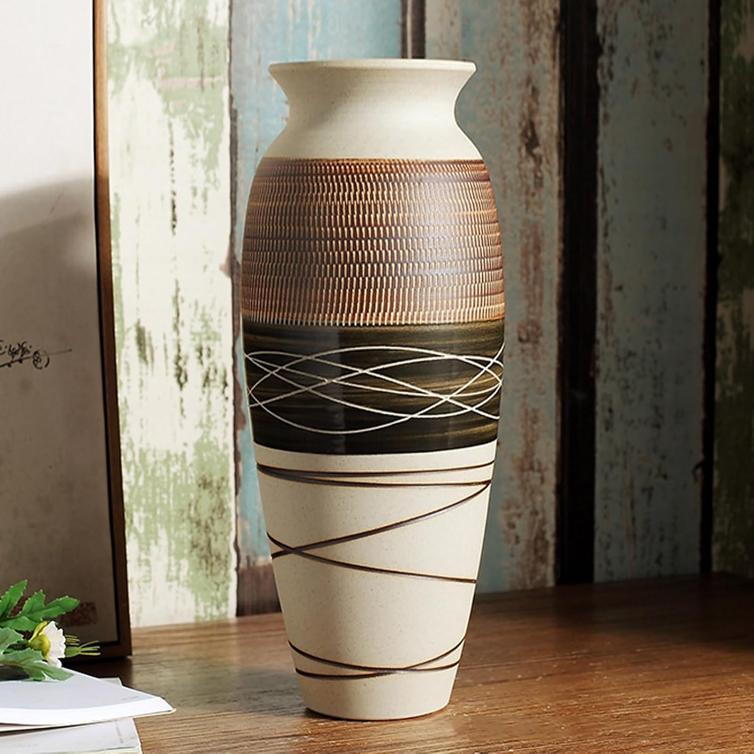 Ceramic Rustic Farmhouse Vase, 12.6" Large Vintage Flower vase for Home Decor, Tall Boho Textured Vases for Living Room, Table, Mantel, Shelf and Centerpieces Decor and Housewarming