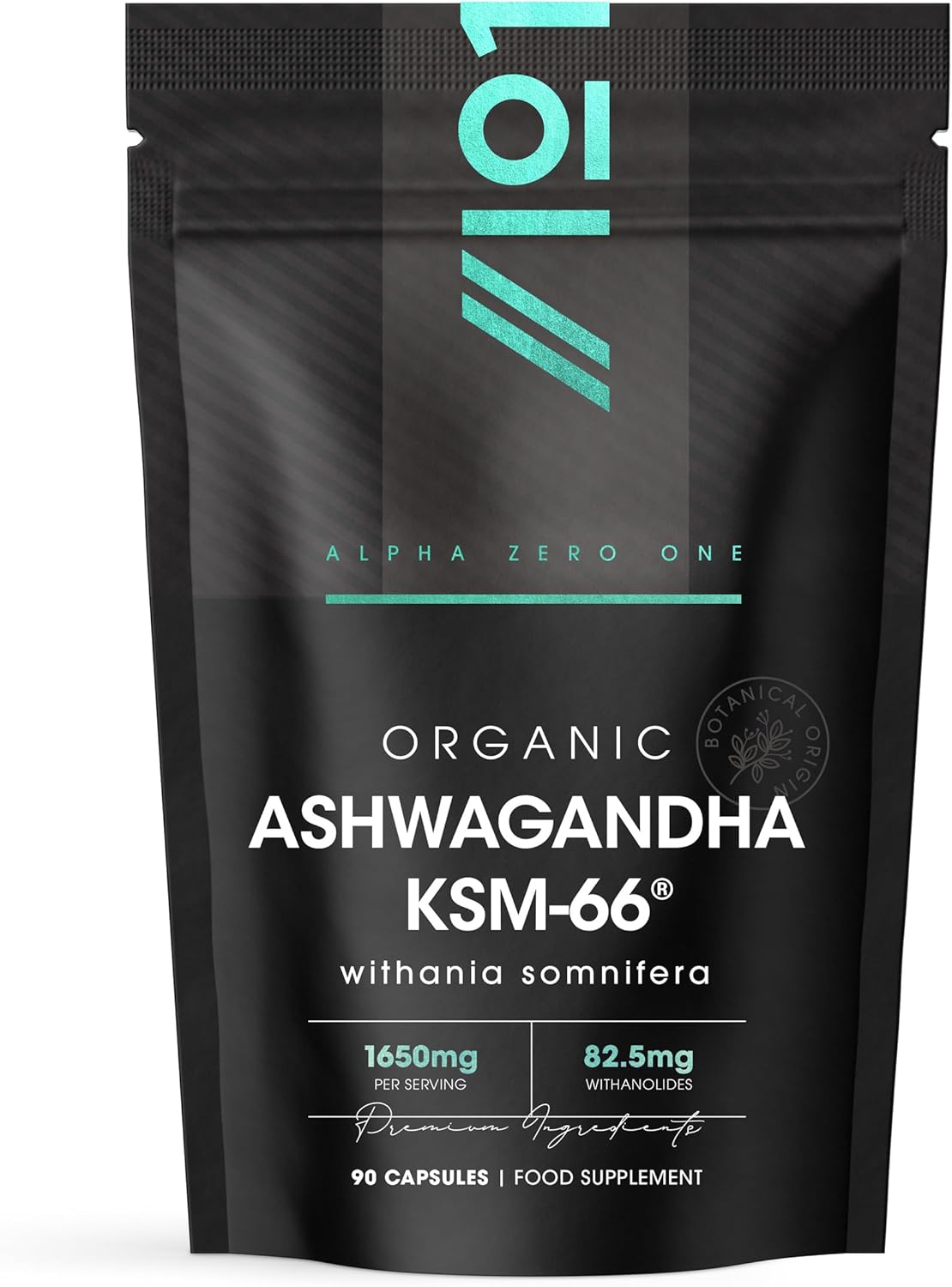 Organic Ashwagandha KSM-66® with BioPerine 1650mg – 90 Vegan Capsules – 5% Withanolides – Most Bioavailable Full-Spectrum Root Extract – Resealable and Recyclable Pouch by Alpha01